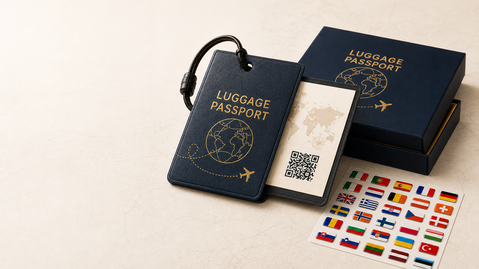 Luggage Passport kit with passport, box, QR page, and country stickers