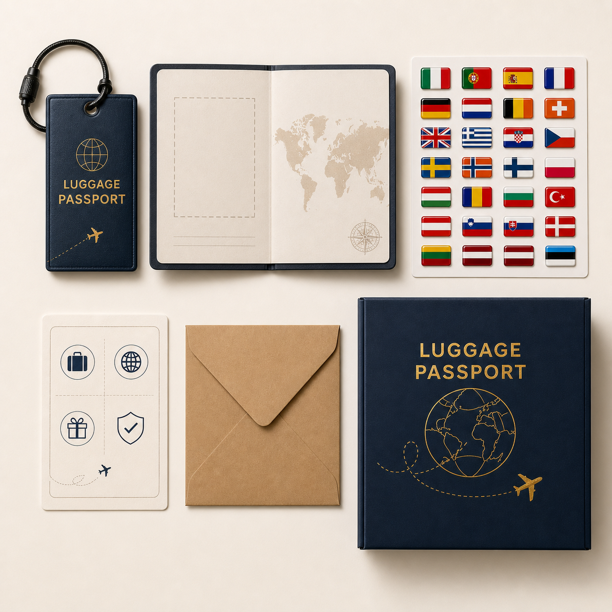 Flat lay of the Luggage Passport starter kit